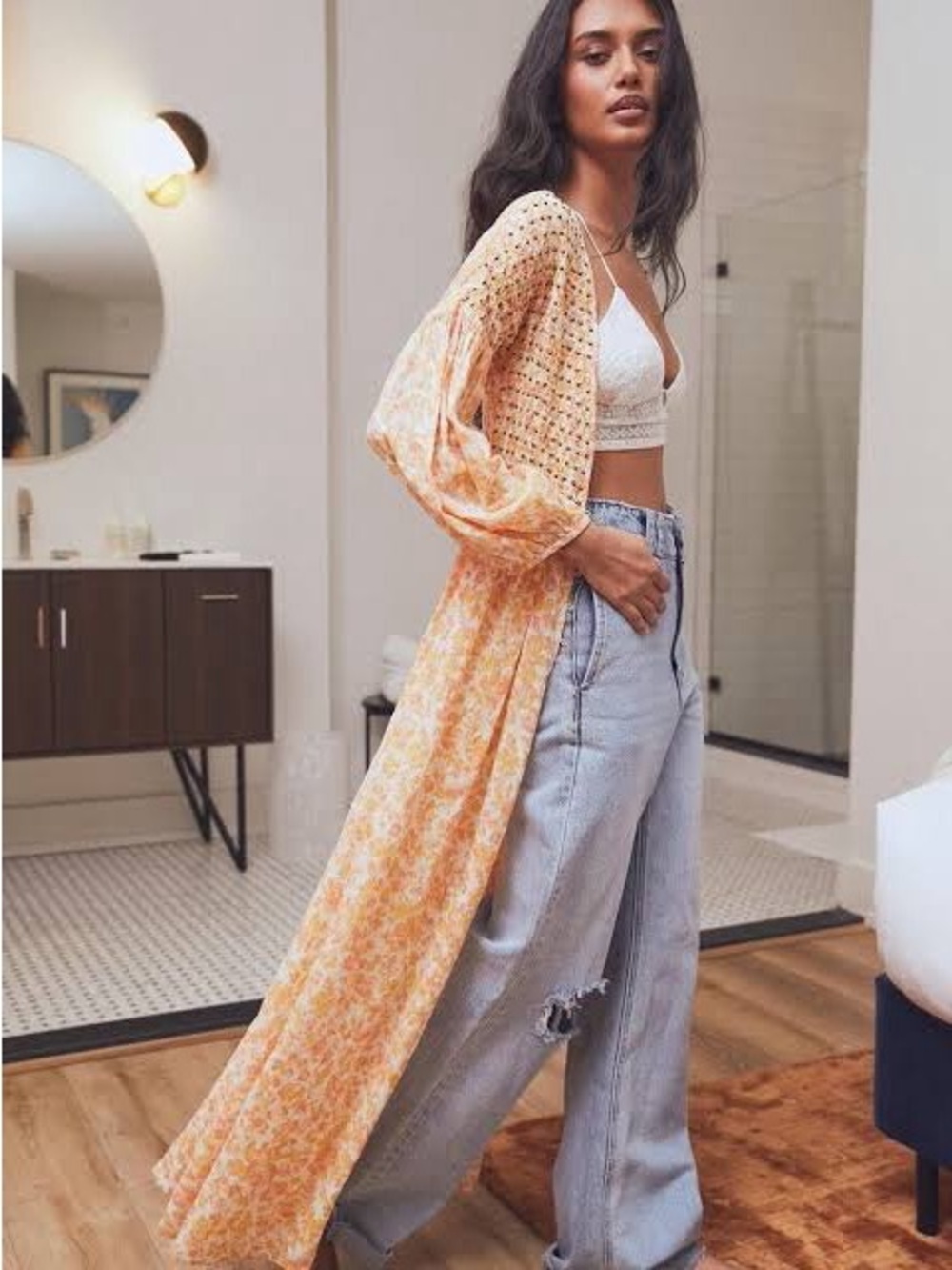 Intimately by FP Peach Floral Long Sleeve Duster Maxi